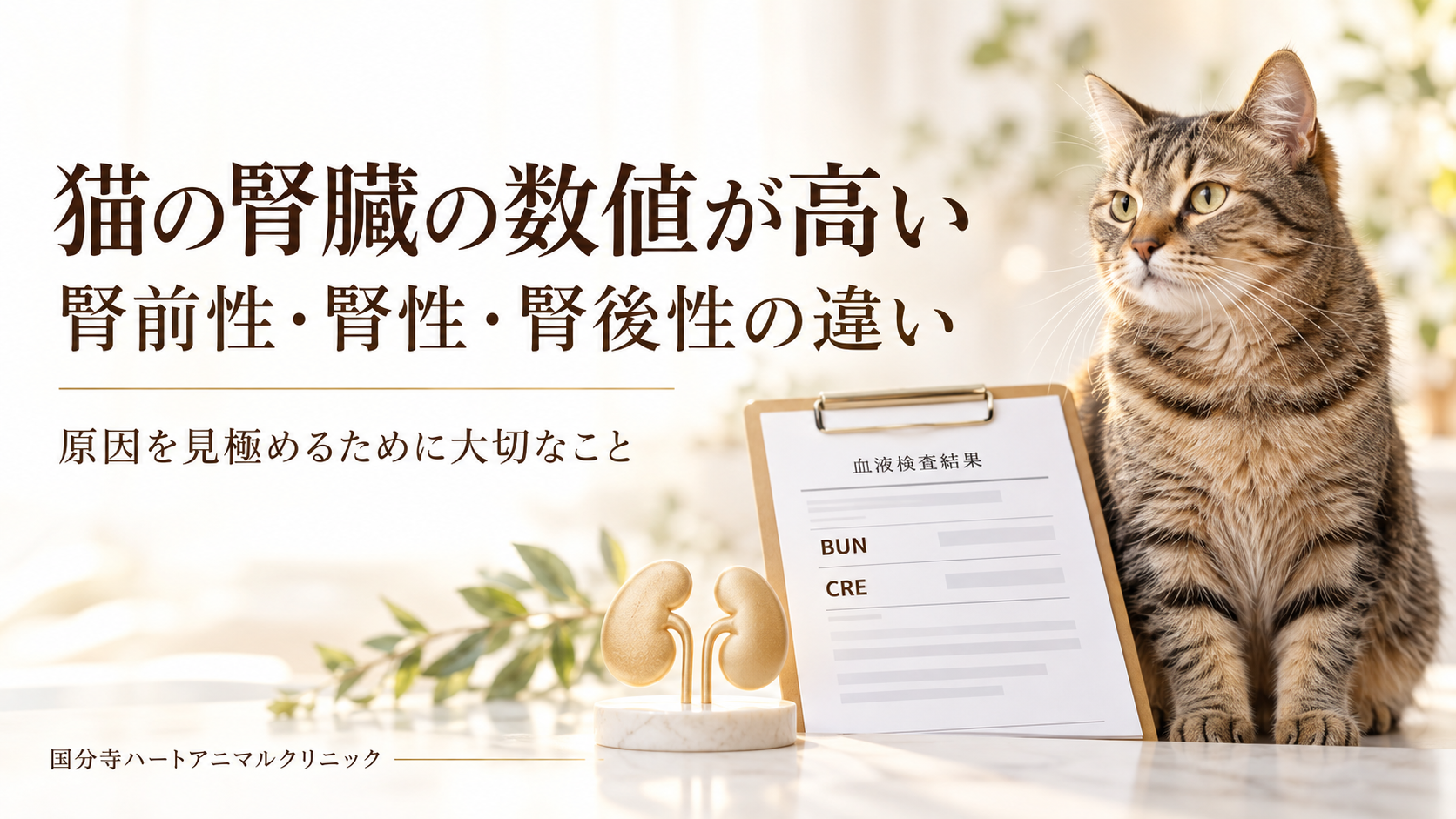 猫と血液検査結果、腎臓の模型を配した、腎前性・腎性・腎後性の違いを解説する記事のアイキャッチ