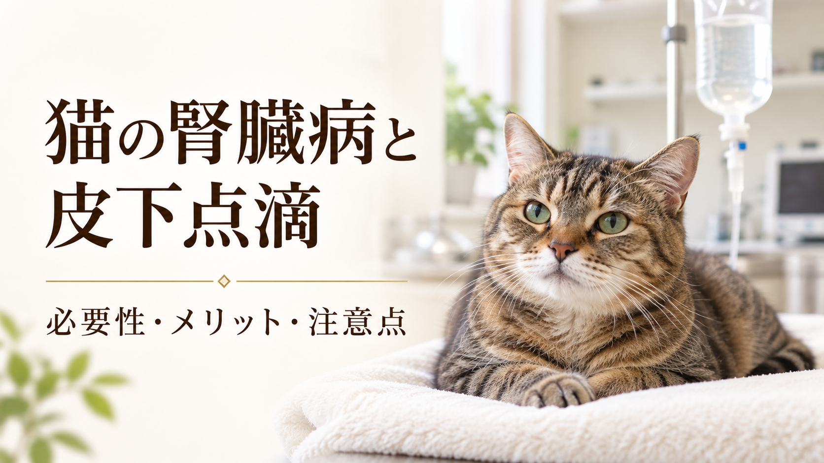 輸液バッグを背景に休む猫と、猫の腎臓病に対する皮下点滴の必要性・メリット・注意点を示す見出し