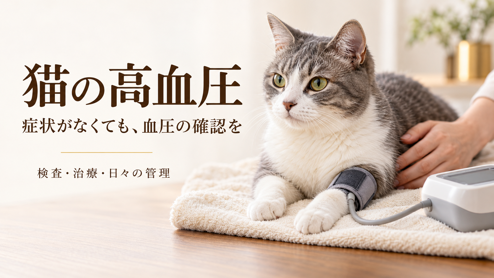 タオルの上で休む灰白の猫の前足に小さなカフを巻き、血圧を測定する説明用画像。「猫の高血圧」「症状がなくても、血圧の確認を」と記載。