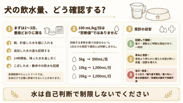 犬の飲水量を2〜3日測る方法、100mL/kg/日の意味、早めに受診する症状をまとめた図解