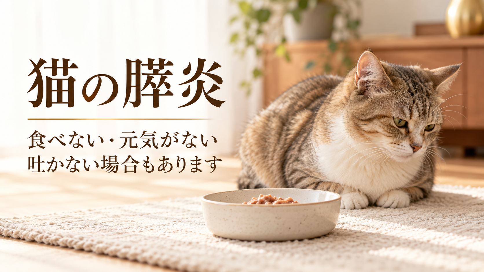 食事の器から顔を背けて休む猫。「猫の膵炎」「食べない・元気がない」「吐かない場合もあります」と記載した説明用画像。