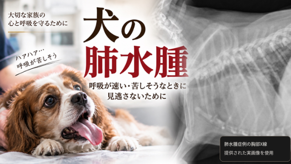 呼吸が苦しそうな犬のイメージと、肺水腫と診断された犬の実際の胸部X線画像を使用したアイキャッチ