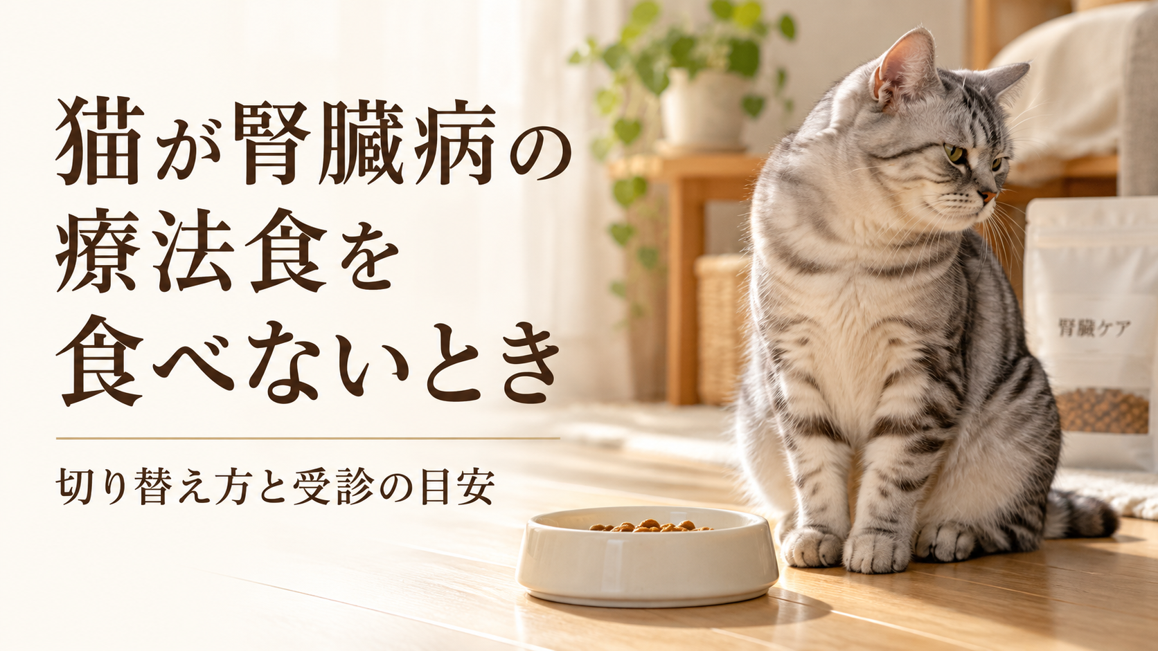腎臓病用の食事を残している猫と、療法食の切り替え方・受診の目安の案内