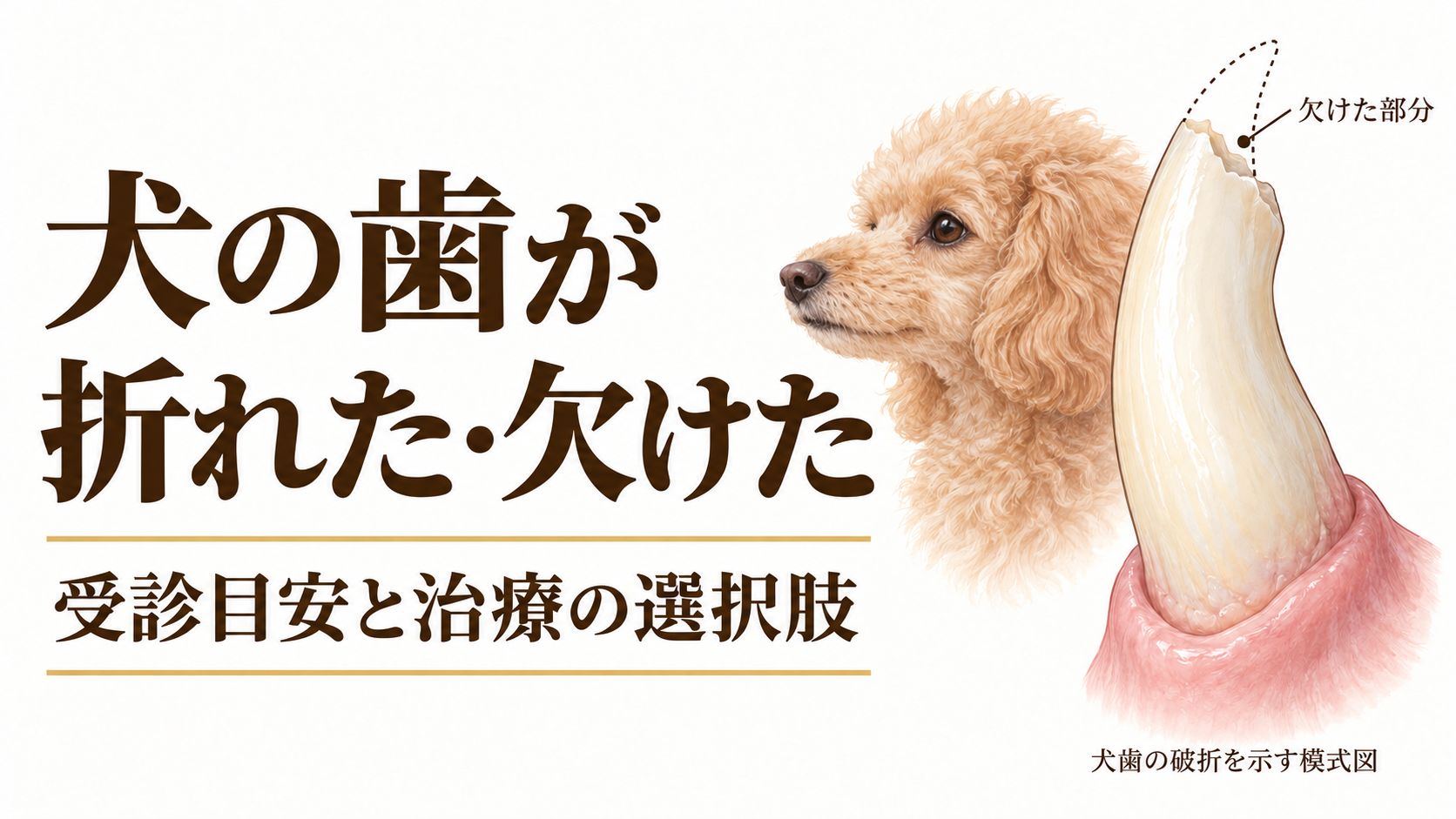 先端が欠けた犬歯の模式図とトイプードル。犬の歯の破折の受診目安と治療を解説する画像。