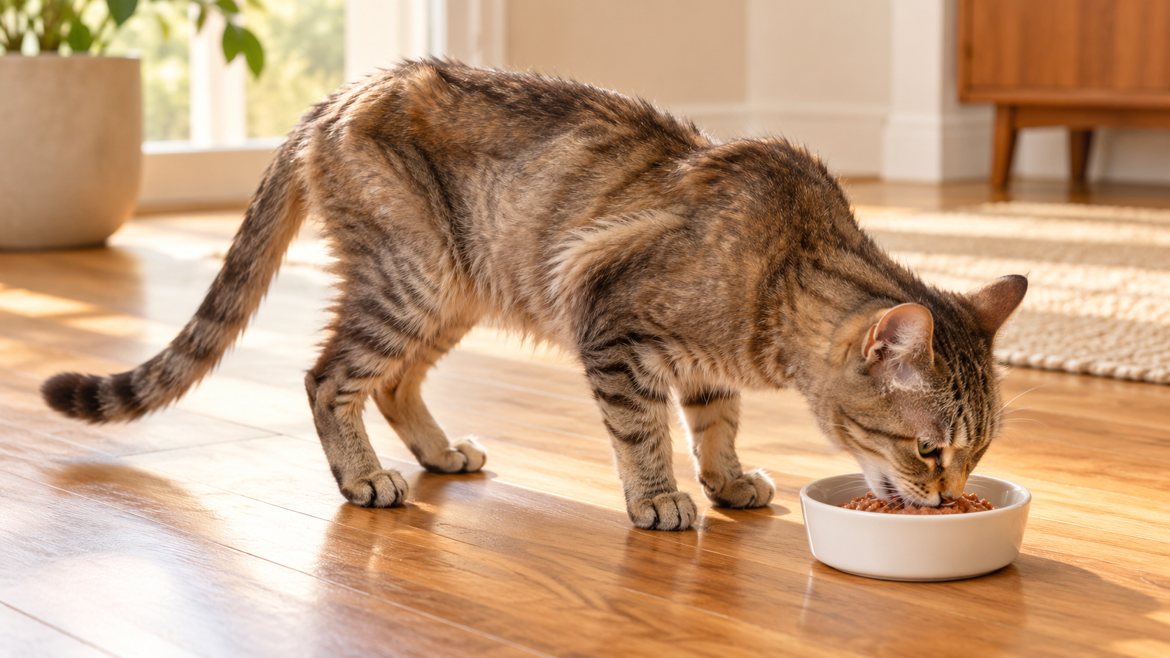 腰まわりが細く見える茶灰色の猫が、白い器のフードを食べている様子。
