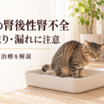 トイレで排尿姿勢を取る猫とペットシーツの上の犬を描いた、腎後性腎不全の原因・検査・治療の案内