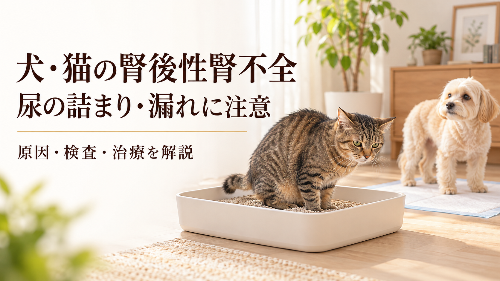 トイレで排尿姿勢を取る猫とペットシーツの上の犬を描いた、腎後性腎不全の原因・検査・治療の案内