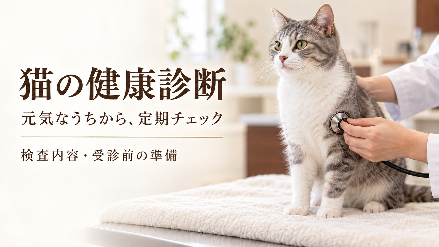 タオルの上に座る灰白の猫が聴診を受けている説明用画像。「猫の健康診断」「元気なうちから、定期チェック」と記載。