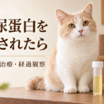 猫と尿検体容器、UPCと書かれたカード。「猫の尿蛋白を指摘されたら」の見出し