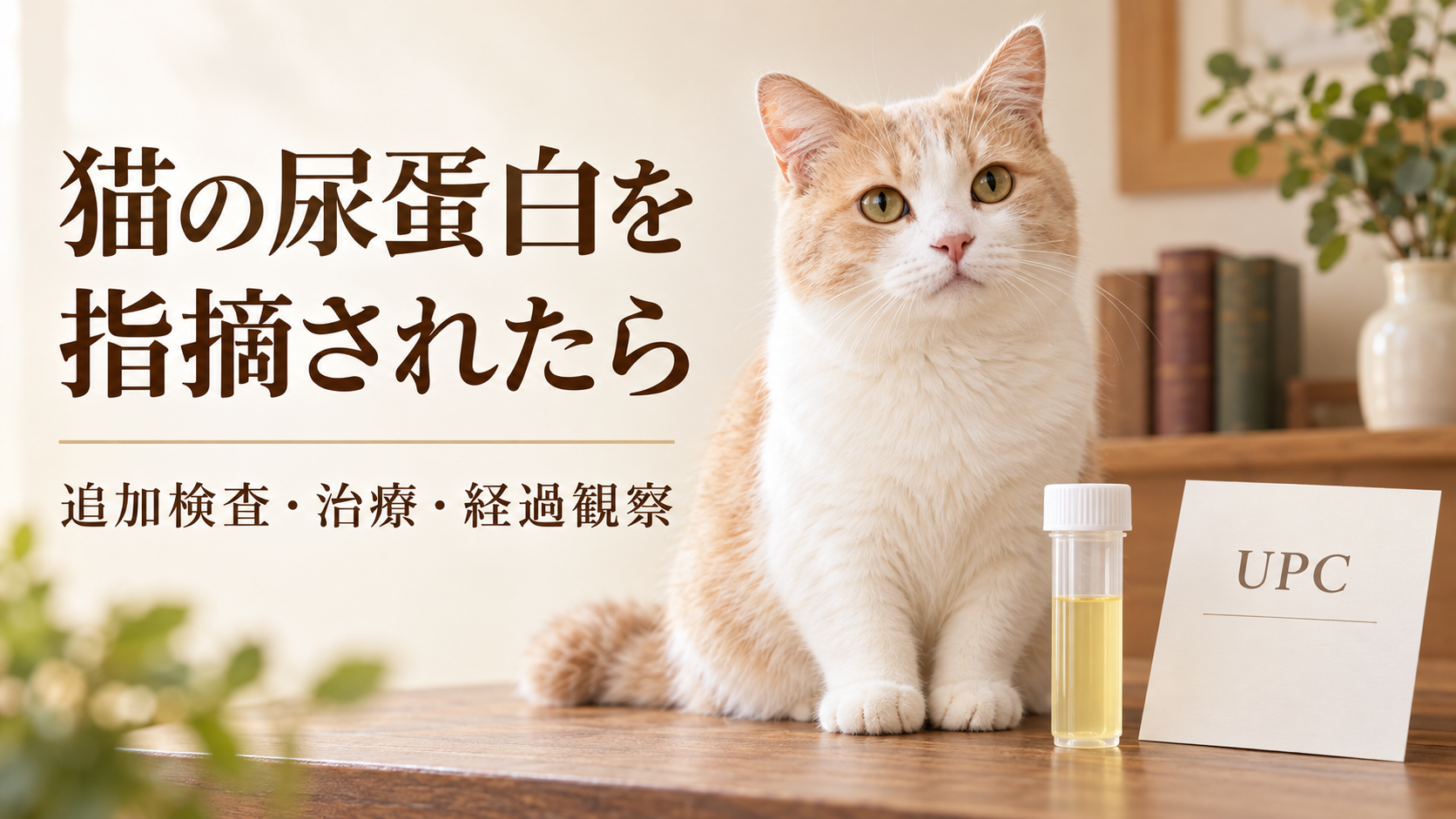猫と尿検体容器、UPCと書かれたカード。「猫の尿蛋白を指摘されたら」の見出し