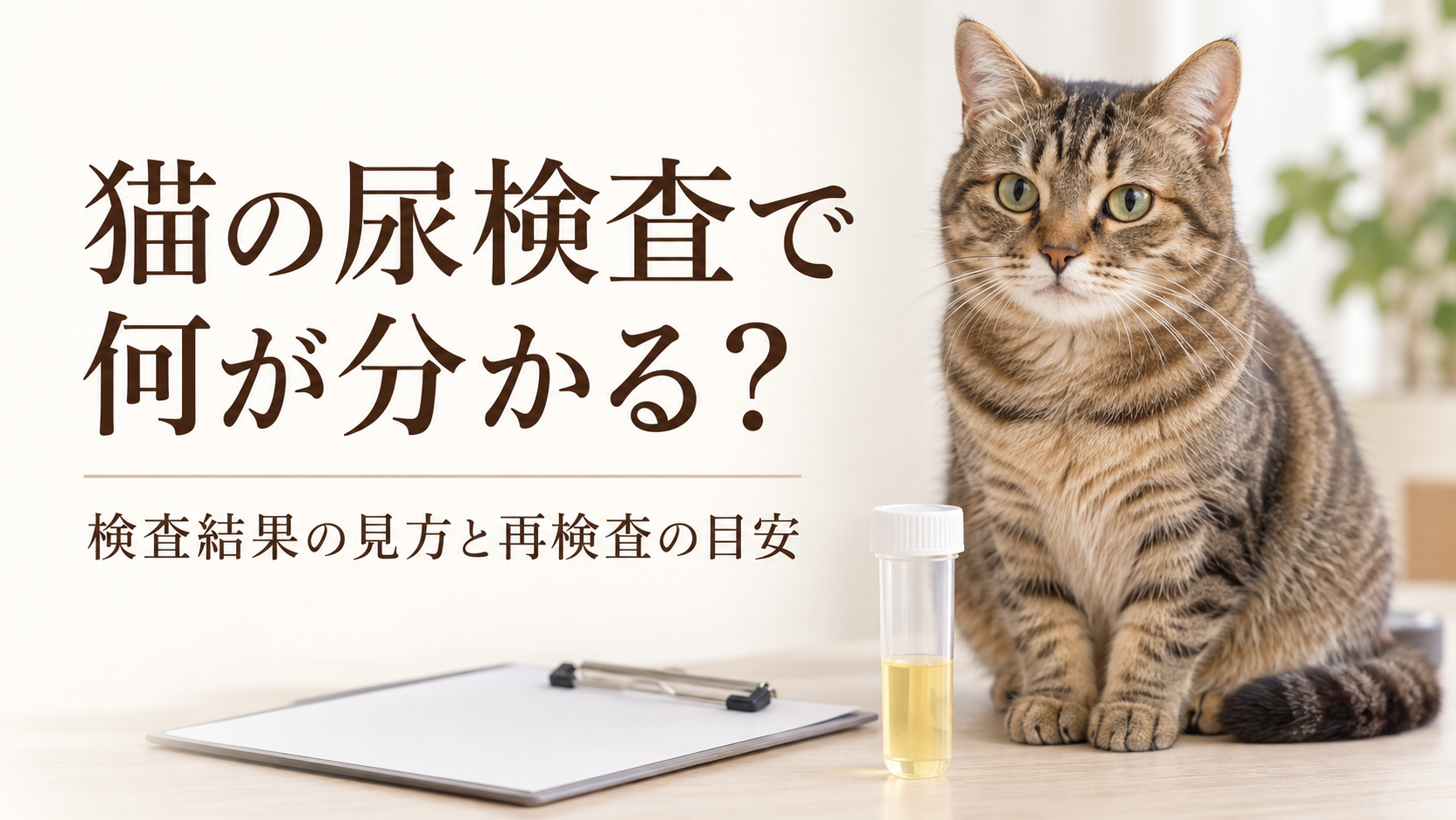 猫とふた付きの尿検体容器。「猫の尿検査で何が分かる？検査結果の見方と再検査の目安」の見出し