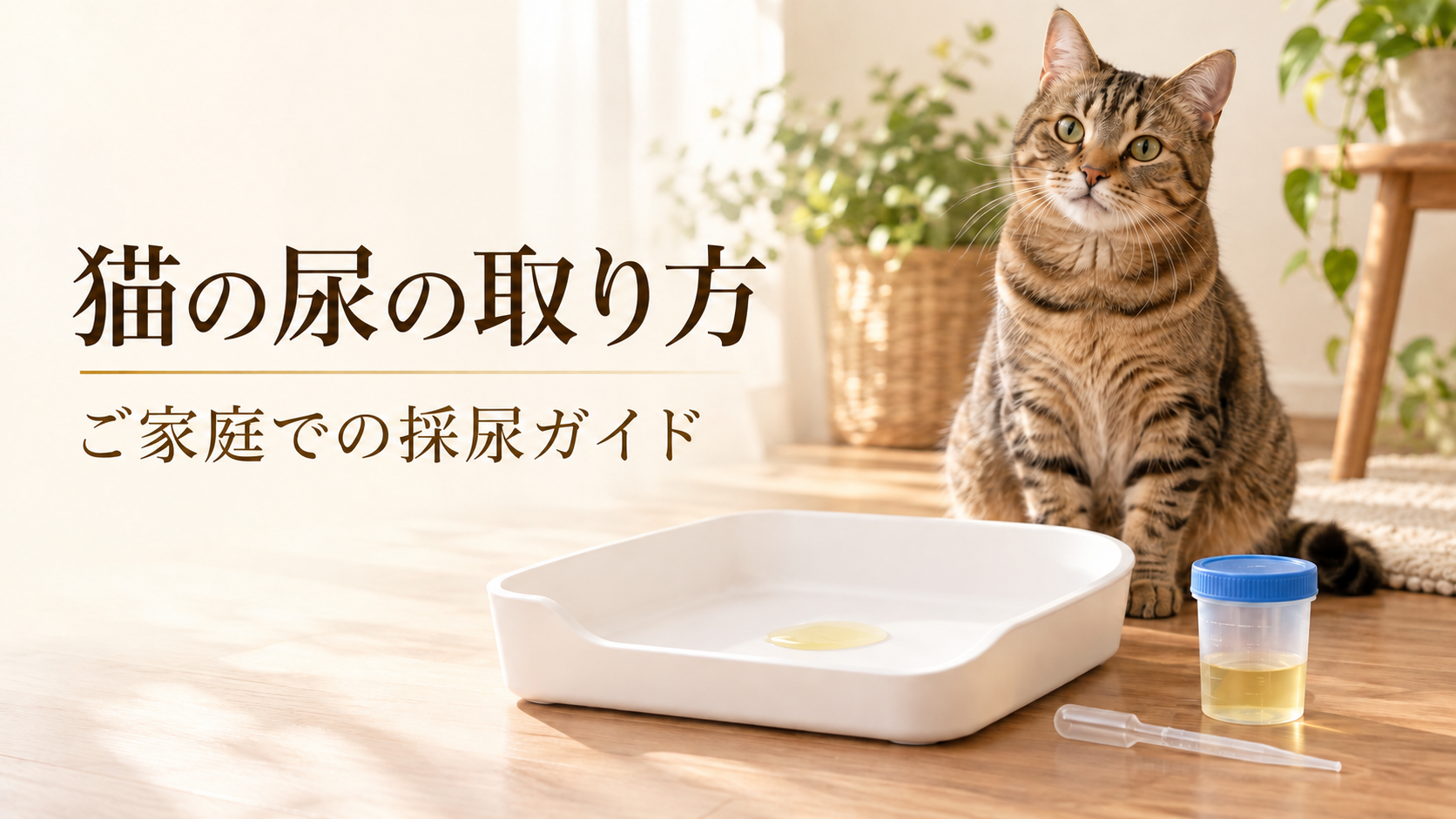 猫と、清潔なトレー・スポイト・ふた付き採尿容器。「猫の尿の取り方 ご家庭での採尿ガイド」の見出し