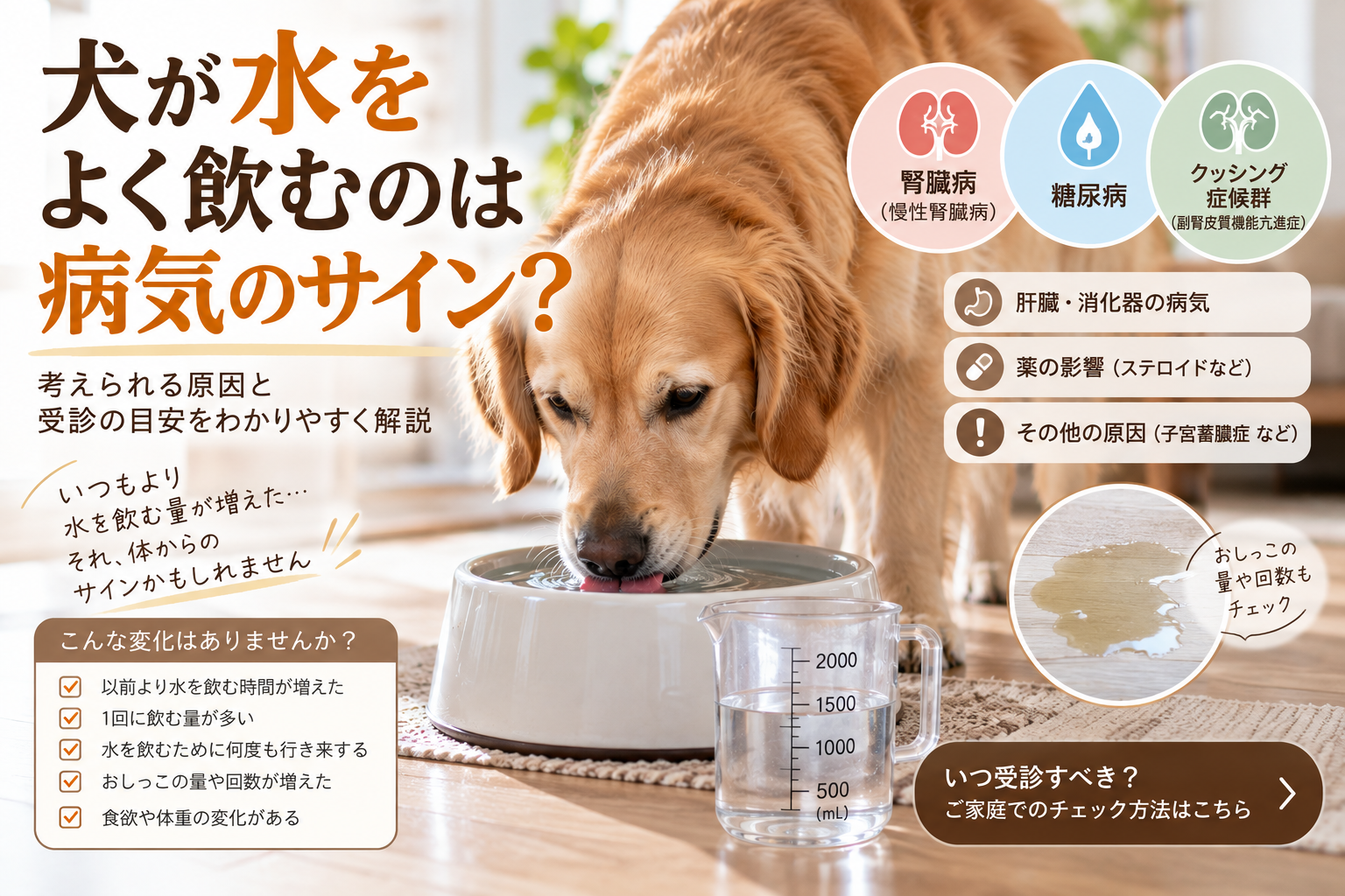 水を何度も飲む犬と計量カップ。腎臓病、糖尿病、クッシング症候群など犬の多飲の原因と受診目安を示した図解