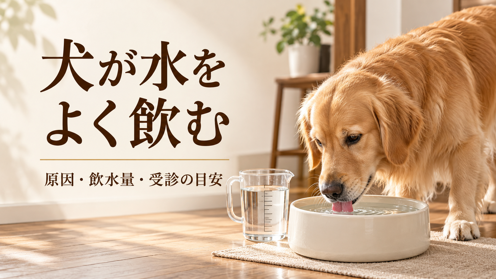 水の器から水を飲むゴールデンレトリバーと、飲水量を測るための計量カップ