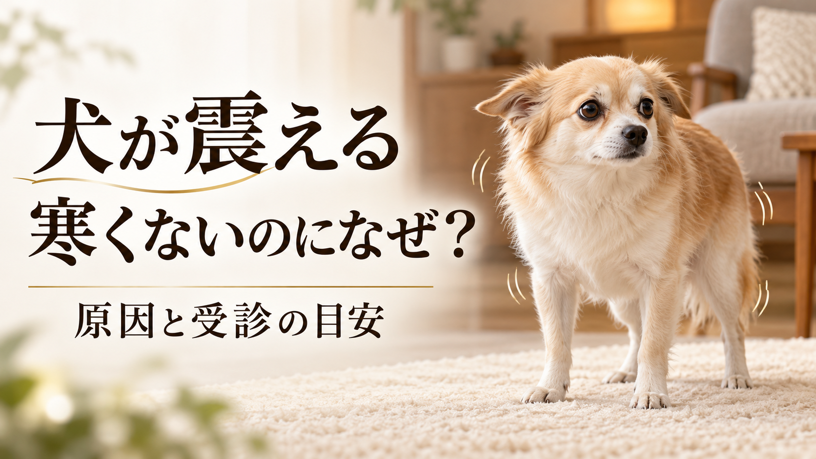 室内で体をこわばらせて立つ小型犬に震えを示す線を添え、犬が寒くないのに震える原因と受診目安を伝える画像