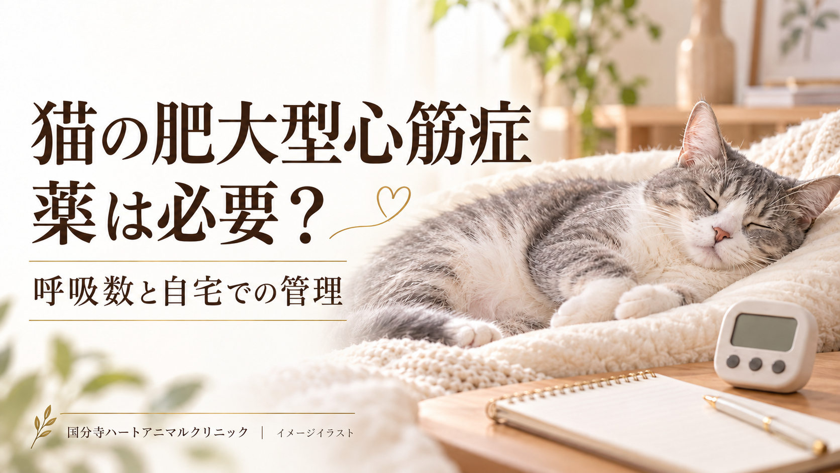 猫の肥大型心筋症の薬と自宅管理をテーマに、眠る猫と呼吸観察用のタイマー・記録帳を描いたイメージイラスト。