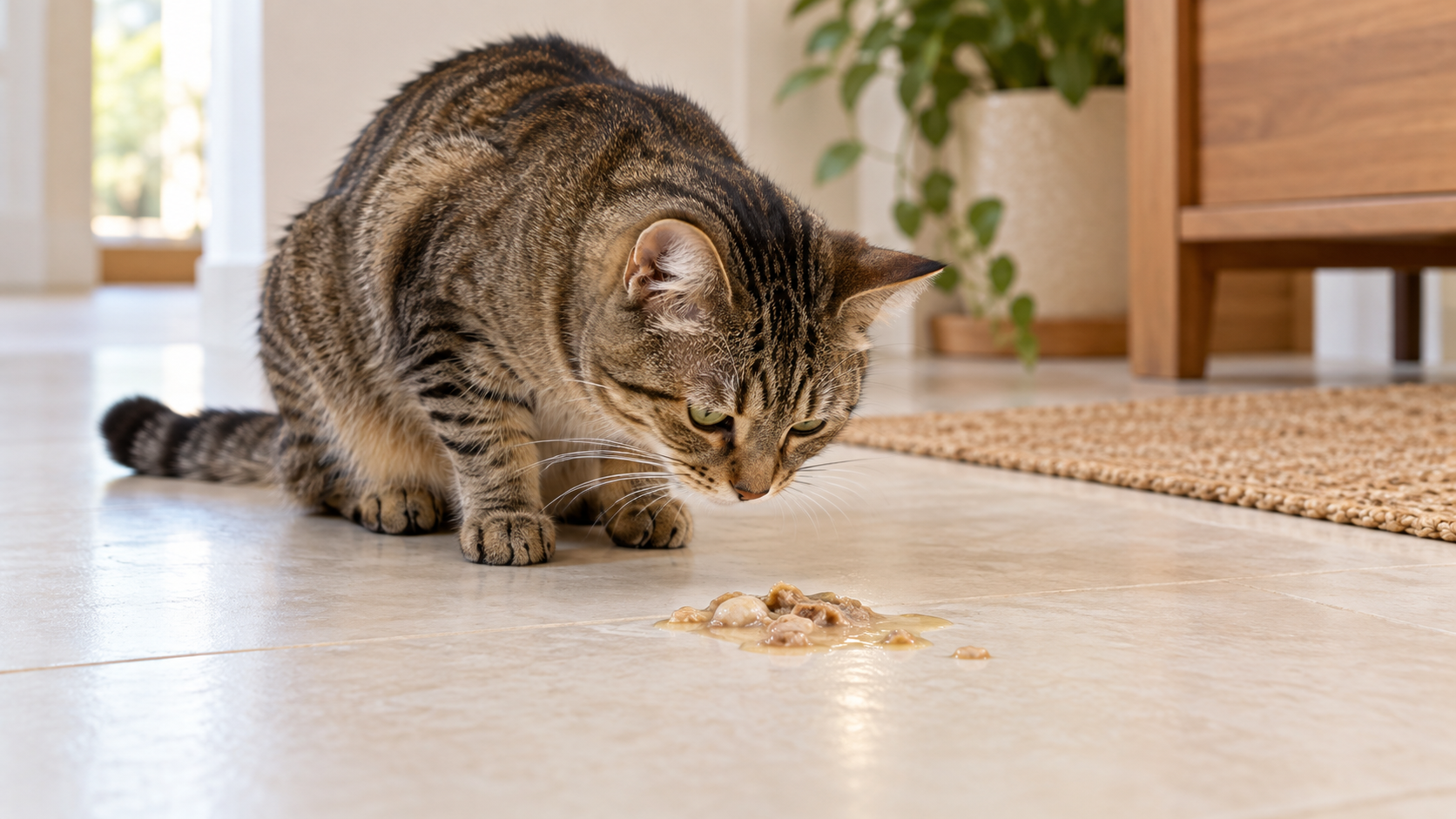 茶灰色の猫が床に低くしゃがみ、少量の吐いたフードのそばにいる様子。