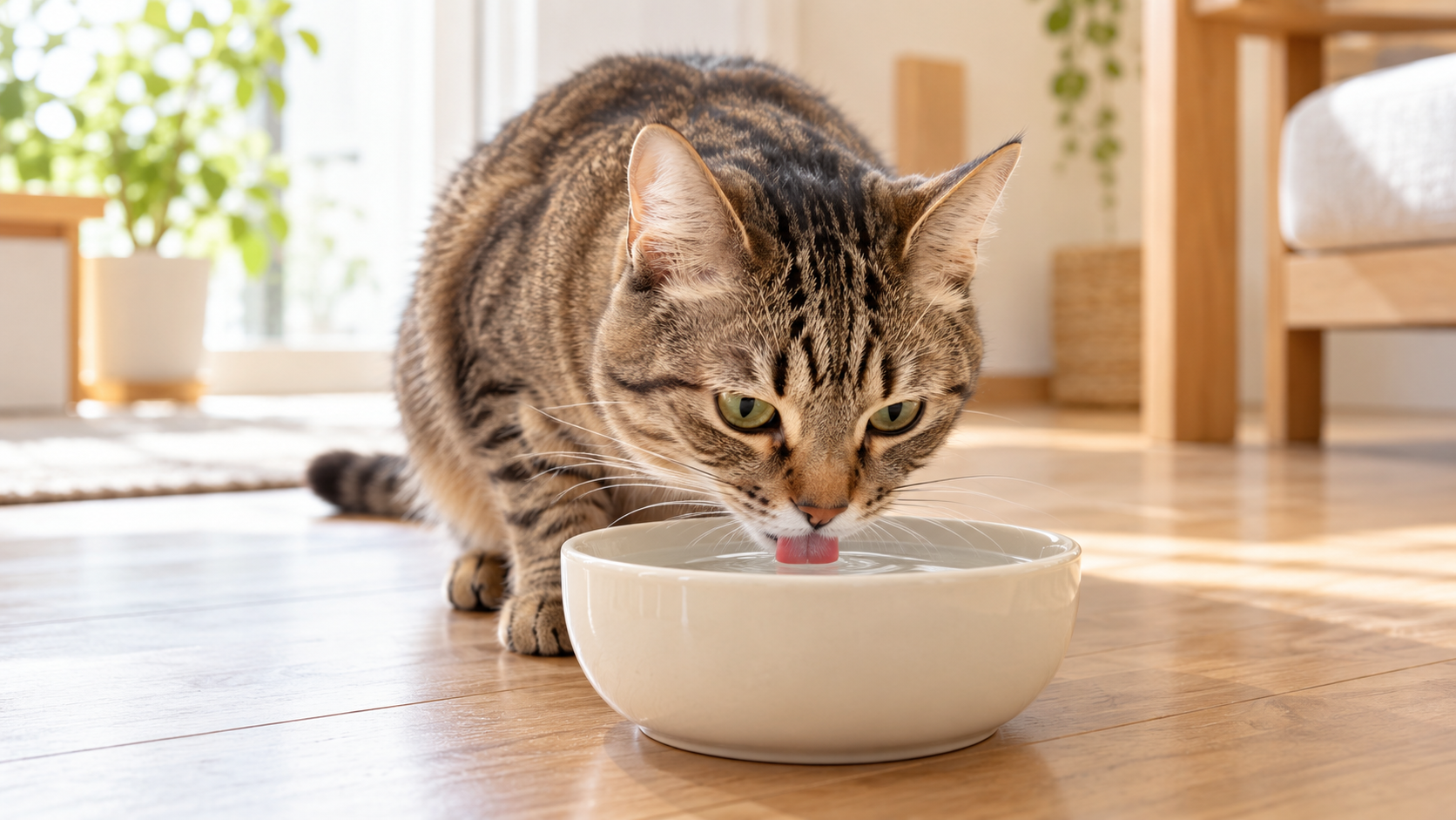 明るい室内で、茶灰色の猫が白い陶器の器から水を飲んでいる様子。
