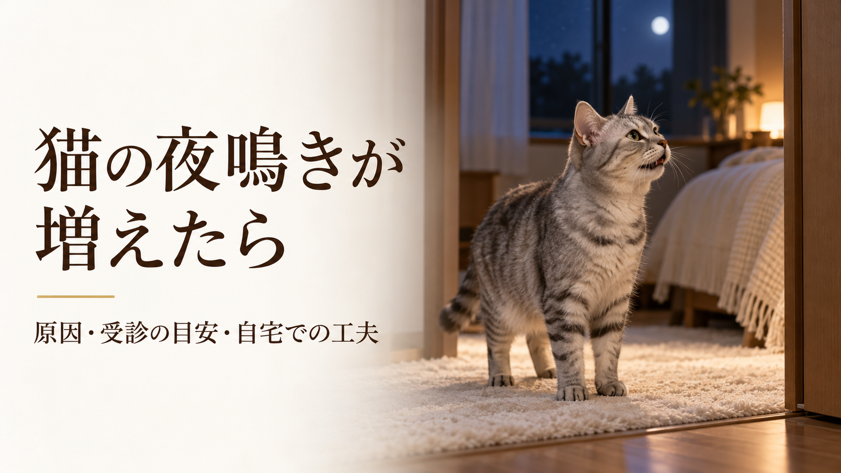 夜の寝室の入口で鳴くシニア猫と「猫の夜鳴きが増えたら」の見出し